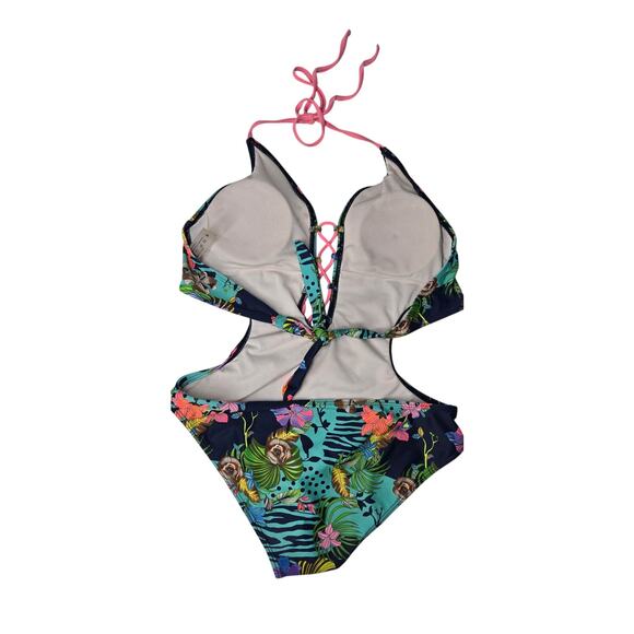 Sexy One Piece Side Cutout Swimsuit Lace Up Front Fringe Ocean Floral Swimsuit - Picture 3 of 6